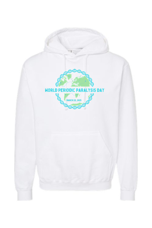 White Hooded Sweatshirt with Turquoise and Green WPPD logo centered on chest