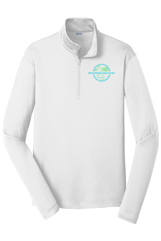 White World Periodic Paralysis Day 2025 Unisex Quarter zip pullover with Turquoise and Green WPPD Logo on Front left chest