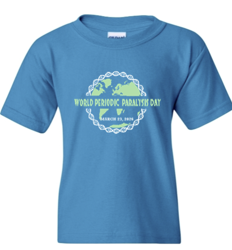 A blue youth t‑shirt featuring a green silhouette of the world map wrapped in a white DNA‑strand circle. Across the center, bold green text reads “World Periodic Paralysis Day.” Beneath it, a white banner displays “March 23, 2026” in white capital letters. The design promotes awareness for Periodic Paralysis.