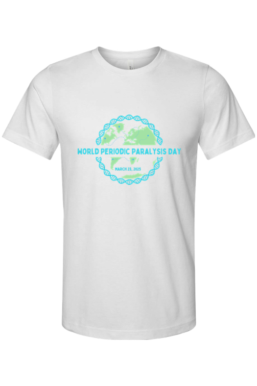 World Periodic Paralysis Unisex T with Turquoise and Green WPPD Logo on Front