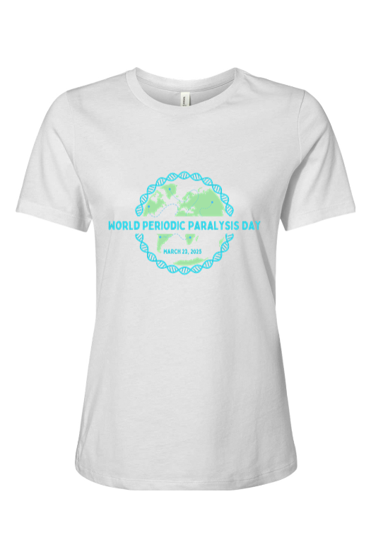 White World Periodic Paralysis Day 2025 Womens T with Turquoise and Green WPPD Logo on Front